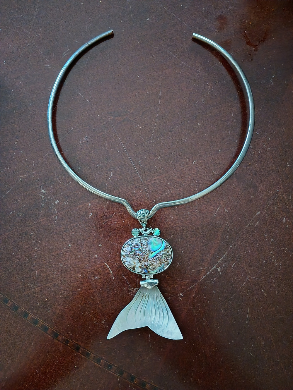 Abalone Shell Mermaid Tail Pendant Necklace - Silver Tone - Picture 2 of 4